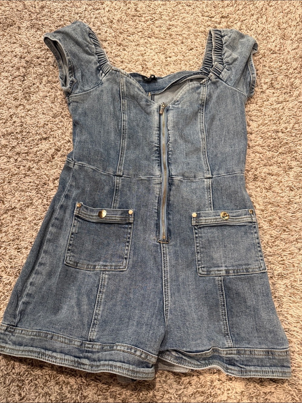 NWOT bebe Light Blue Denim Zip-Front Romper